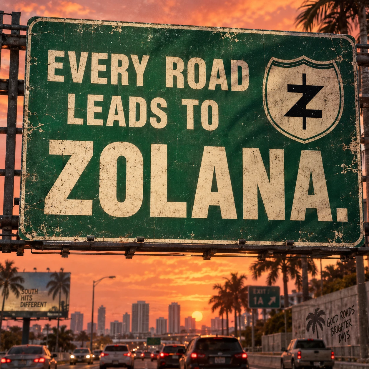 Weathered Every Road Leads to Zolana sign at sunset